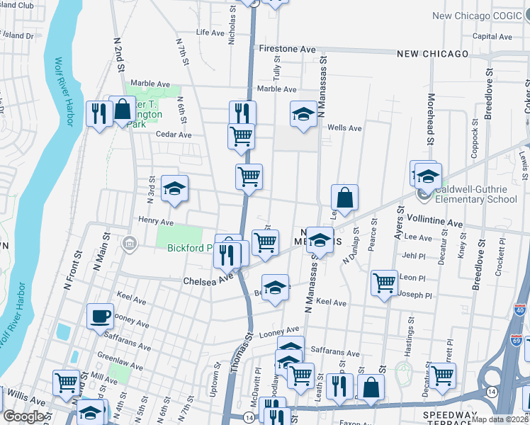 map of restaurants, bars, coffee shops, grocery stores, and more near 916 Tully Street in Memphis