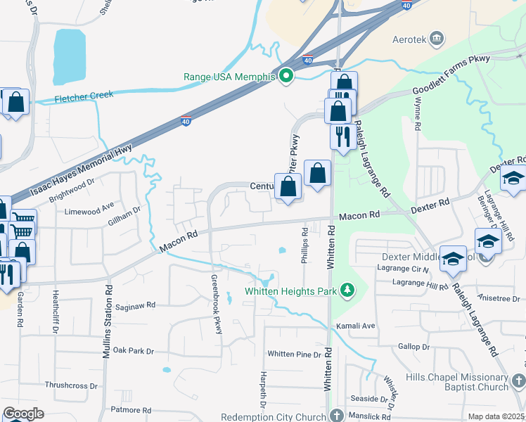 map of restaurants, bars, coffee shops, grocery stores, and more near 1490 Century Arbor Lane in Memphis