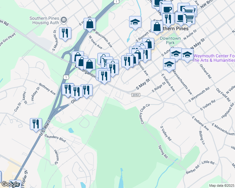 map of restaurants, bars, coffee shops, grocery stores, and more near 16 Elk Ridge Lane in Southern Pines