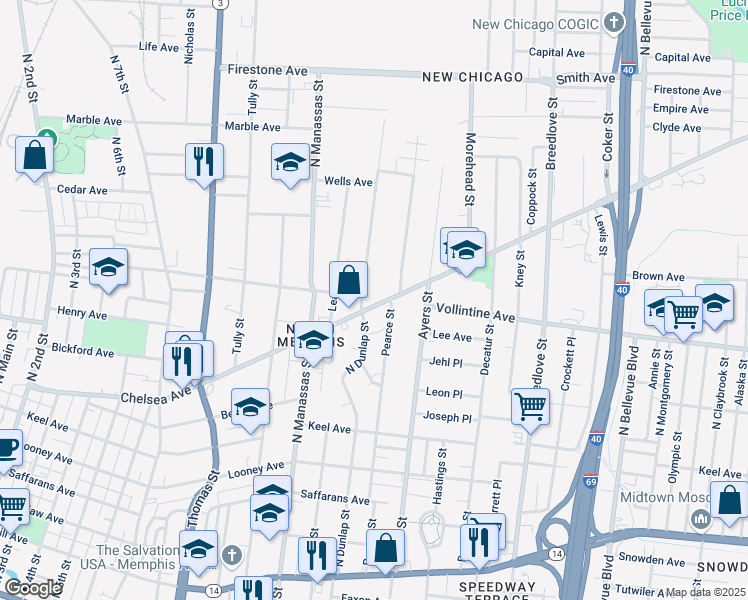 map of restaurants, bars, coffee shops, grocery stores, and more near 840 Chelsea Avenue in Memphis