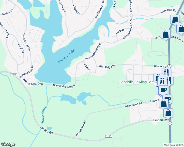 map of restaurants, bars, coffee shops, grocery stores, and more near 14 Starlit Lane in Pinehurst