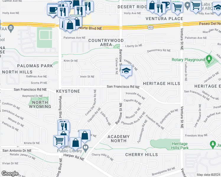 map of restaurants, bars, coffee shops, grocery stores, and more near 8304 San Francisco Road Northeast in Albuquerque