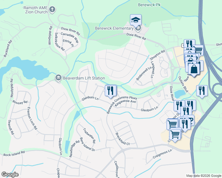 map of restaurants, bars, coffee shops, grocery stores, and more near 9512 Birkwood Court in Charlotte