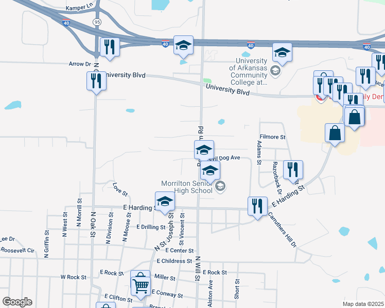 map of restaurants, bars, coffee shops, grocery stores, and more near 1257-1327 Poor Farm Road in Morrilton