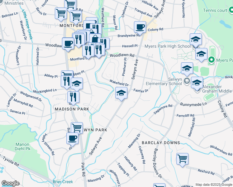 map of restaurants, bars, coffee shops, grocery stores, and more near 219 Wakefield Drive in Charlotte