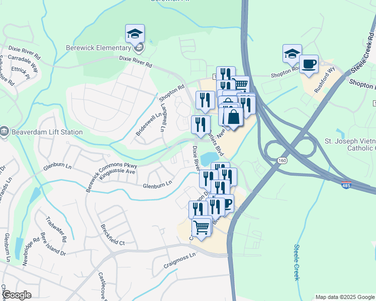 map of restaurants, bars, coffee shops, grocery stores, and more near 5620 Keltonwood Road in Charlotte