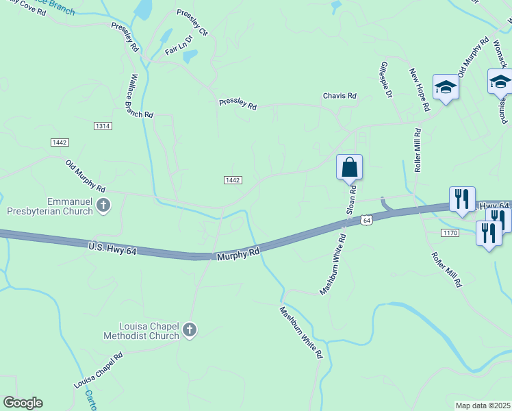 map of restaurants, bars, coffee shops, grocery stores, and more near 82 Waldroop Road in Franklin