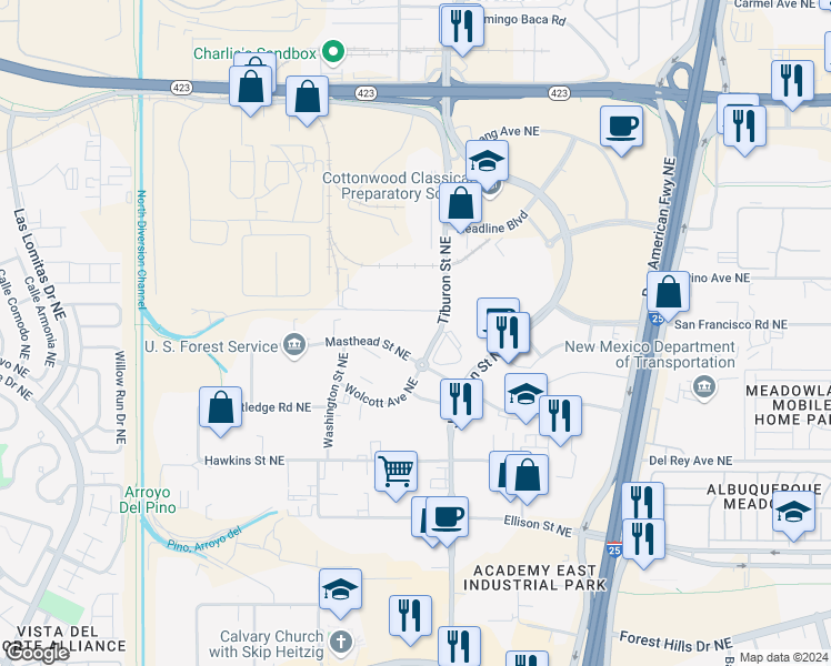 map of restaurants, bars, coffee shops, grocery stores, and more near 4401 Masthead Street in Albuquerque