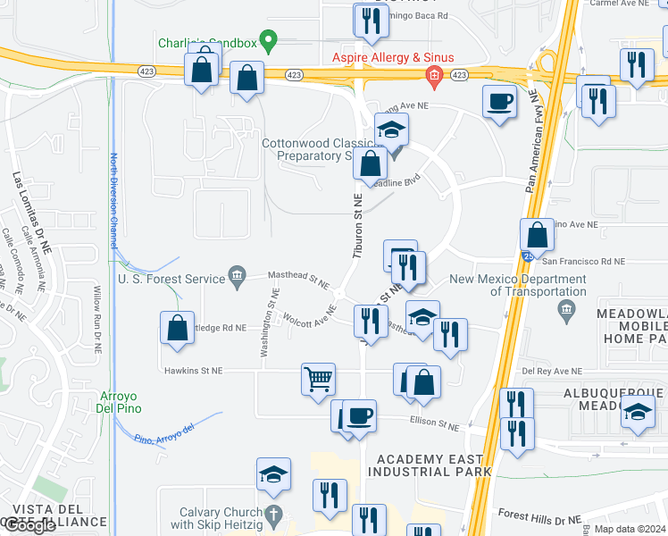 map of restaurants, bars, coffee shops, grocery stores, and more near 4401 Masthead Street in Albuquerque