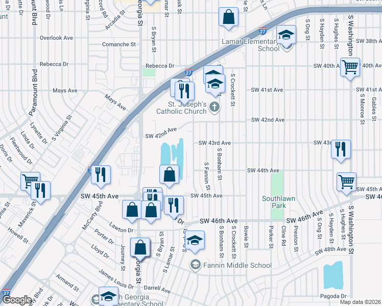 map of restaurants, bars, coffee shops, grocery stores, and more near 4240 South Austin Street in Amarillo