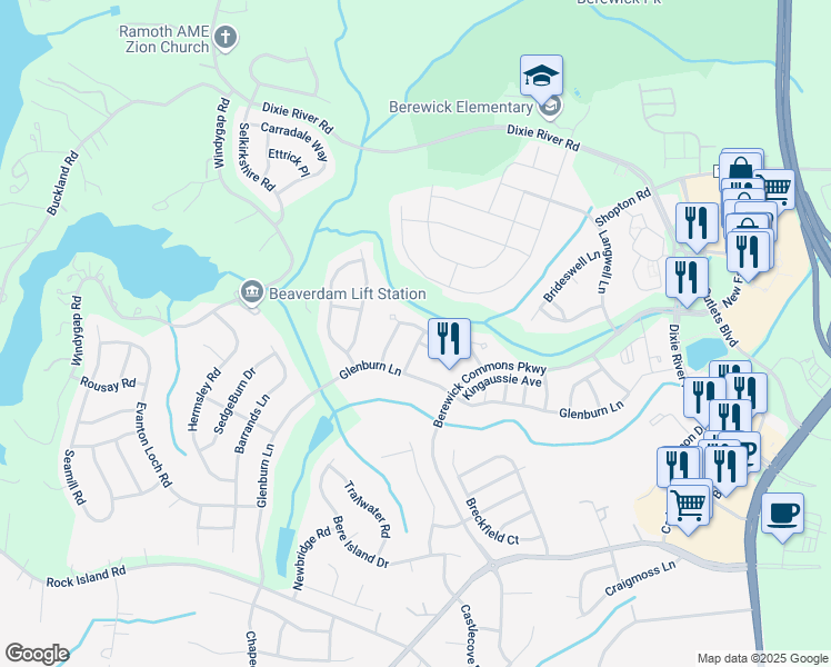 map of restaurants, bars, coffee shops, grocery stores, and more near 9812 Springholm Drive in Charlotte