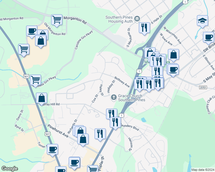 map of restaurants, bars, coffee shops, grocery stores, and more near 108 Holiday Street in Southern Pines