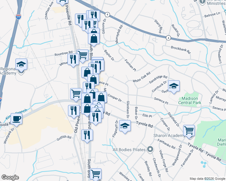map of restaurants, bars, coffee shops, grocery stores, and more near 231 Seneca Place in Charlotte