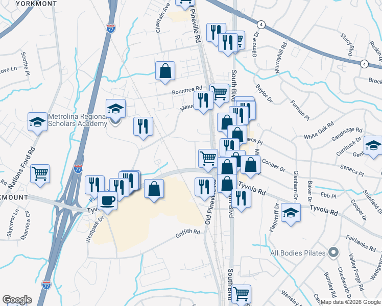 map of restaurants, bars, coffee shops, grocery stores, and more near in Charlotte
