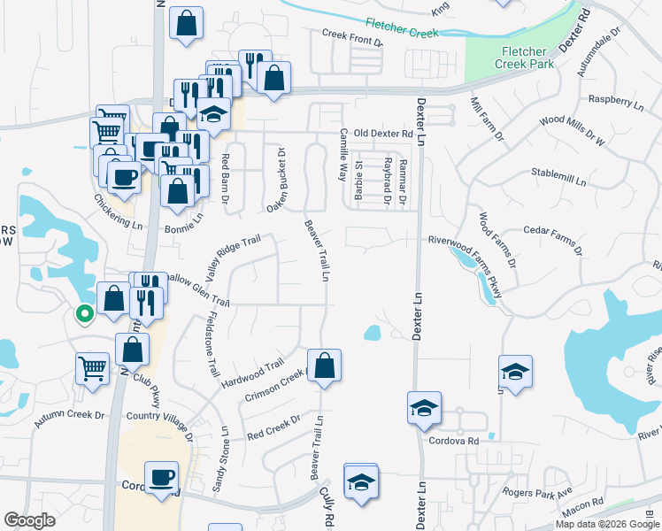 map of restaurants, bars, coffee shops, grocery stores, and more near 8363 Wind River Circle West in Memphis