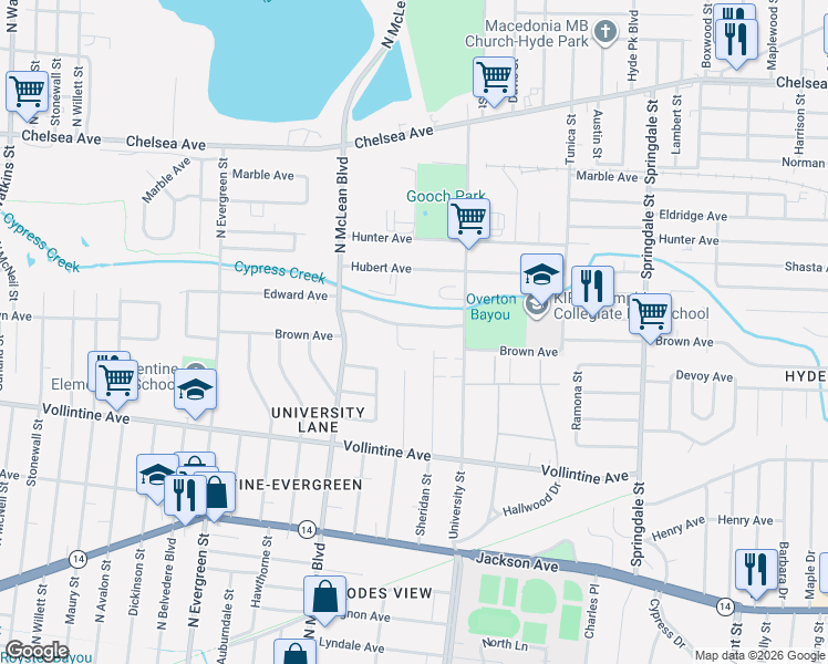 map of restaurants, bars, coffee shops, grocery stores, and more near 1942 Edward Avenue in Memphis