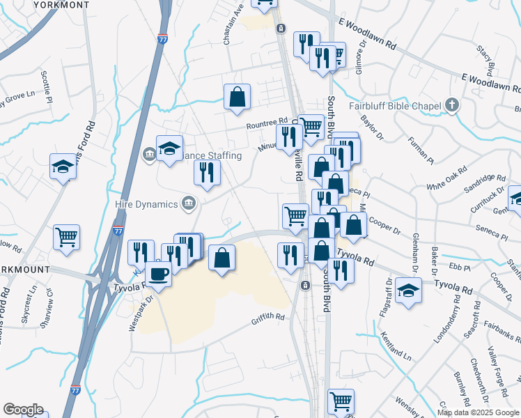 map of restaurants, bars, coffee shops, grocery stores, and more near 2051 Establishment Way in Charlotte