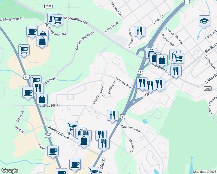 map of restaurants, bars, coffee shops, grocery stores, and more near 108 Holiday Street in Southern Pines