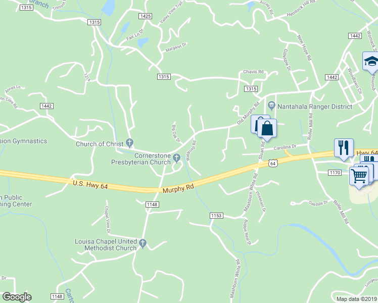 map of restaurants, bars, coffee shops, grocery stores, and more near 1 Byron Waldroop Road in Franklin