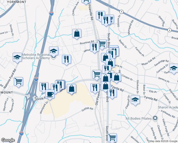 map of restaurants, bars, coffee shops, grocery stores, and more near in Charlotte