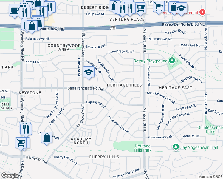 map of restaurants, bars, coffee shops, grocery stores, and more near 8709 Supreme Court Northeast in Albuquerque