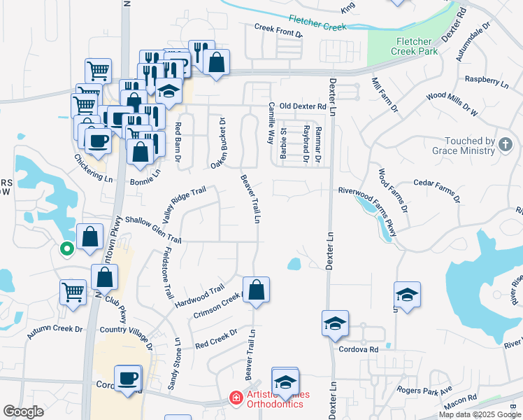 map of restaurants, bars, coffee shops, grocery stores, and more near 8363 Wind River Circle West in Memphis