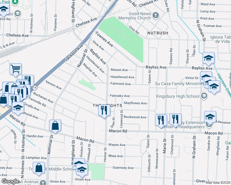 map of restaurants, bars, coffee shops, grocery stores, and more near 3651 Fairmont Avenue in Memphis