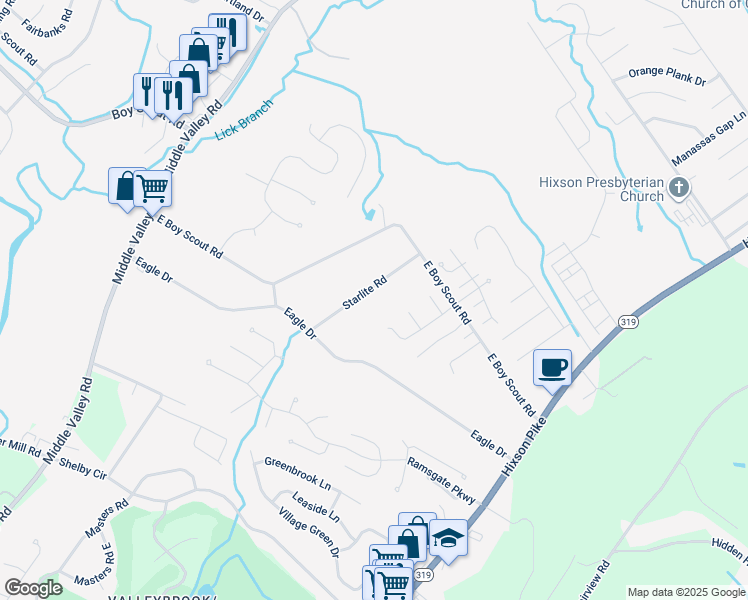 map of restaurants, bars, coffee shops, grocery stores, and more near 6920 Starlite Road in Chattanooga
