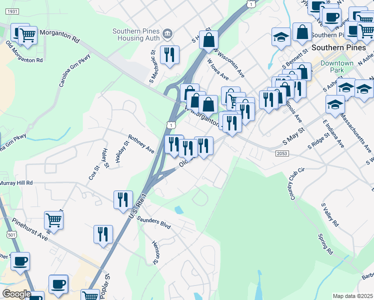 map of restaurants, bars, coffee shops, grocery stores, and more near 240 Bell Avenue in Southern Pines