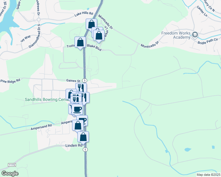 map of restaurants, bars, coffee shops, grocery stores, and more near Arnette Street in Moore County