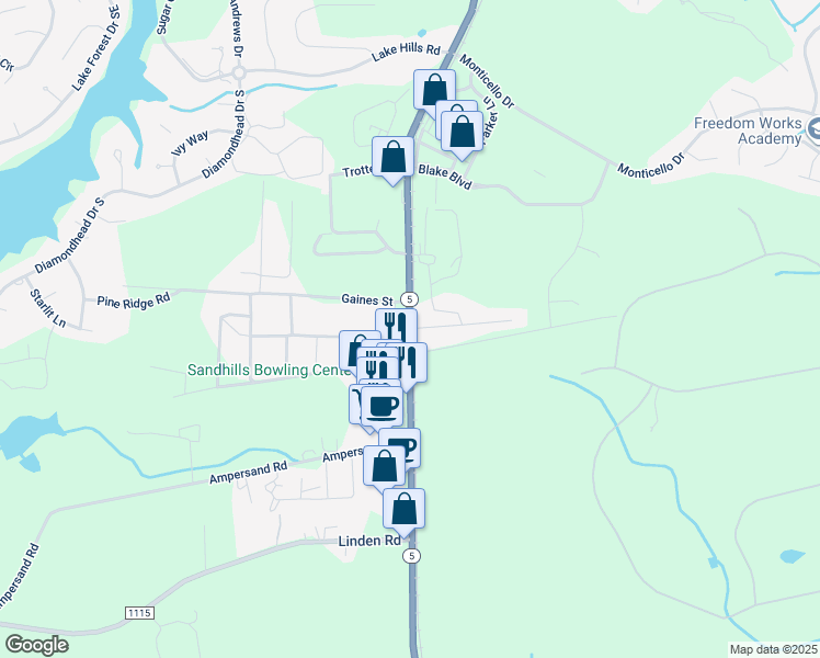 map of restaurants, bars, coffee shops, grocery stores, and more near North Carolina 5 in Moore County