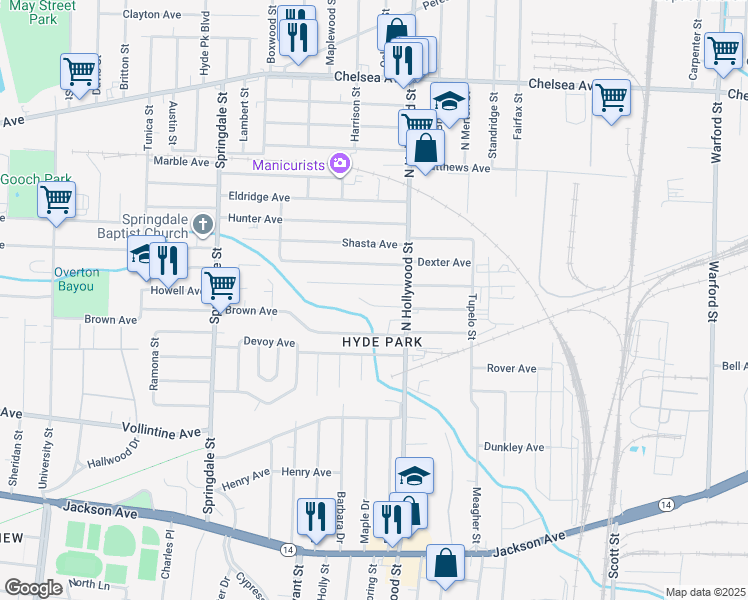 map of restaurants, bars, coffee shops, grocery stores, and more near 2396 Vandale Avenue in Memphis