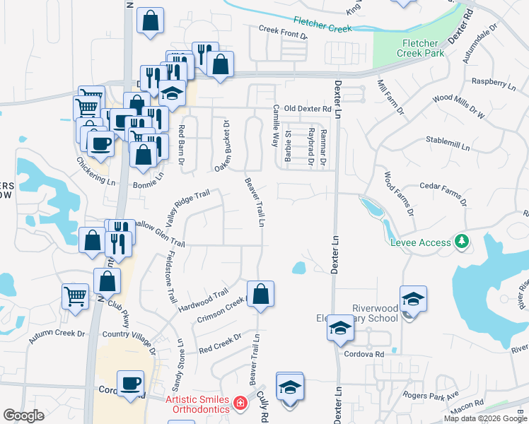 map of restaurants, bars, coffee shops, grocery stores, and more near 1524 Beaver Trail Drive in Memphis