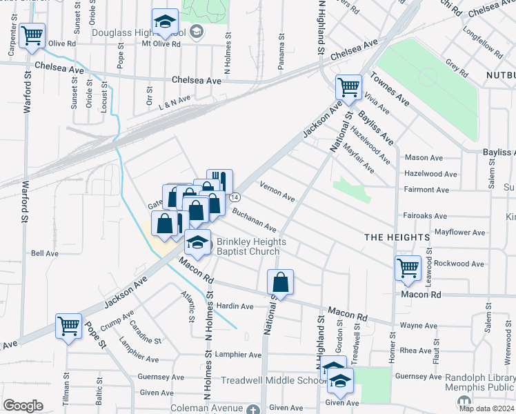 map of restaurants, bars, coffee shops, grocery stores, and more near 3377 Rockwood Avenue in Memphis