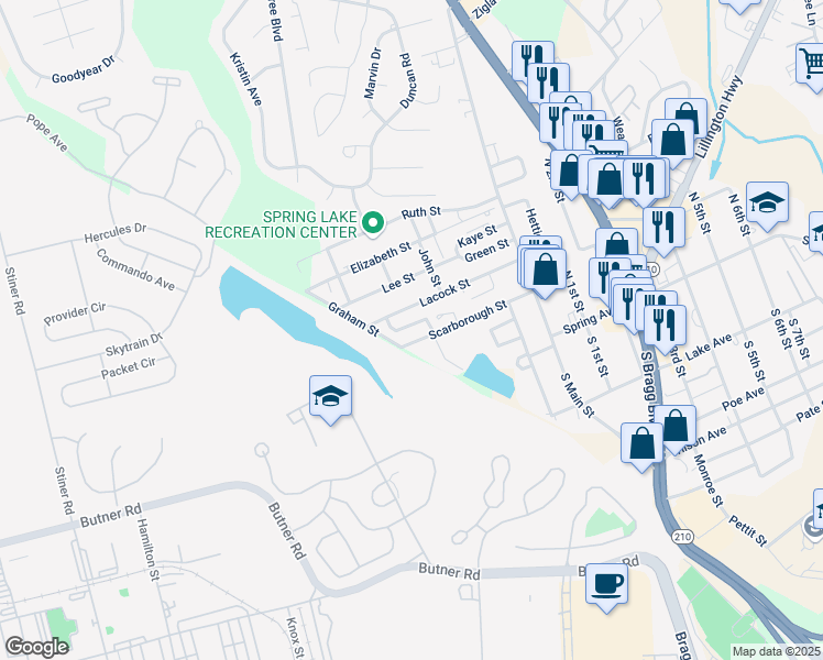 map of restaurants, bars, coffee shops, grocery stores, and more near 207 Rupe Street in Spring Lake