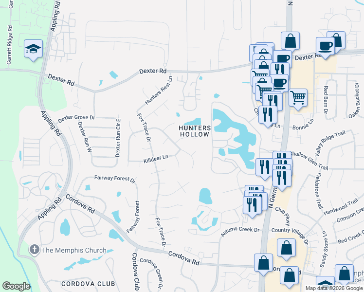 map of restaurants, bars, coffee shops, grocery stores, and more near 7821 Teal Lake Cove in Memphis