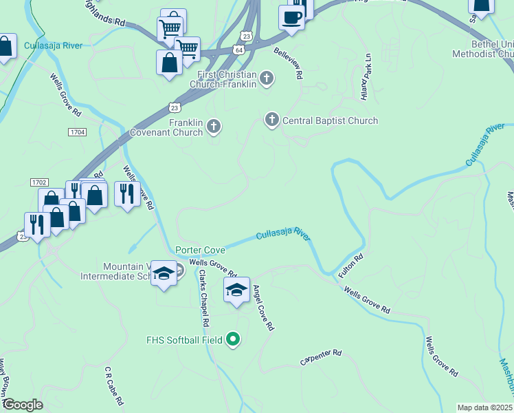map of restaurants, bars, coffee shops, grocery stores, and more near 85 Pennington Drive in Franklin
