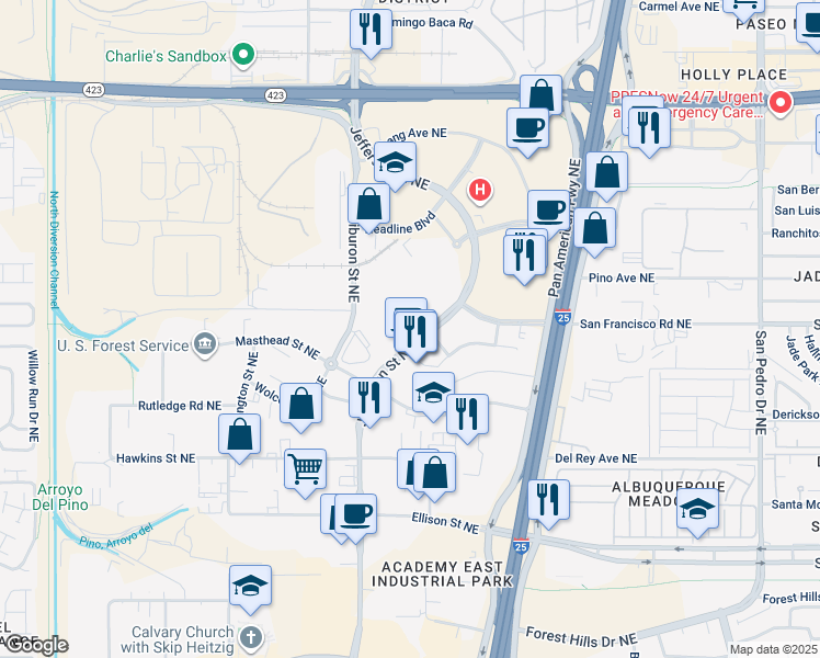 map of restaurants, bars, coffee shops, grocery stores, and more near 7603 Jefferson Street Northeast in Albuquerque