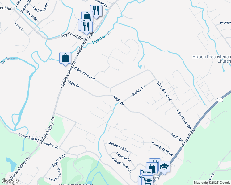 map of restaurants, bars, coffee shops, grocery stores, and more near 1631 Eagle Drive in Chattanooga