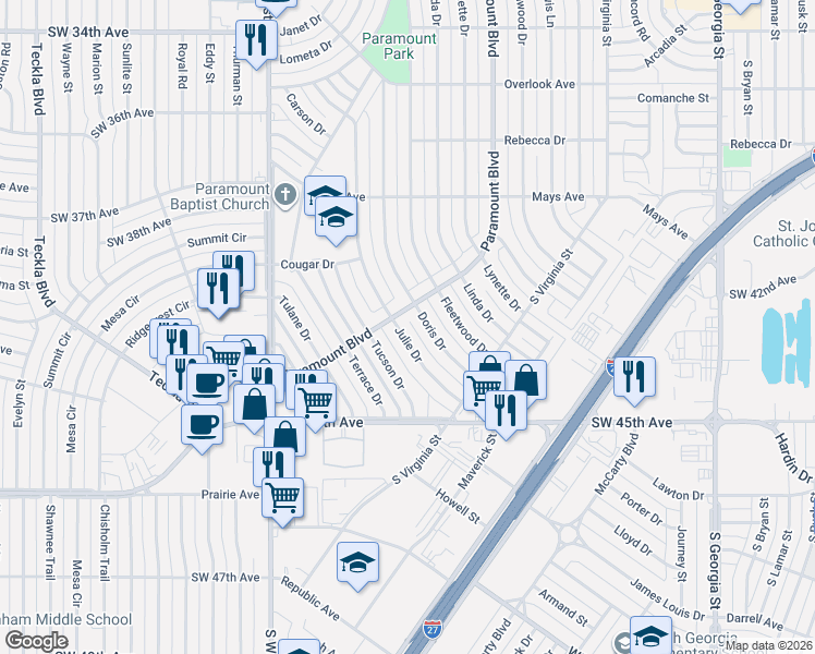 map of restaurants, bars, coffee shops, grocery stores, and more near 3900 Doris Drive in Amarillo