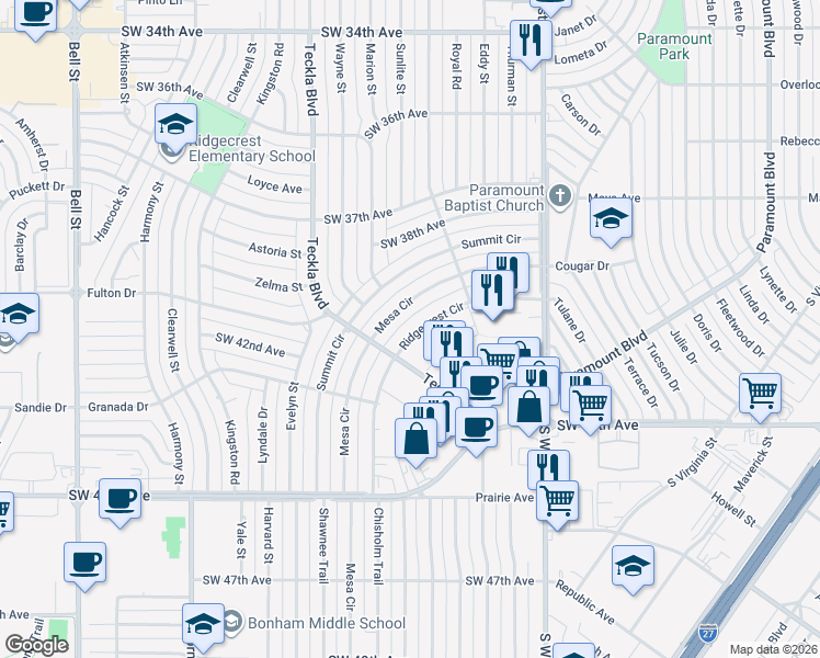 map of restaurants, bars, coffee shops, grocery stores, and more near 4319 Mesa Circle in Amarillo