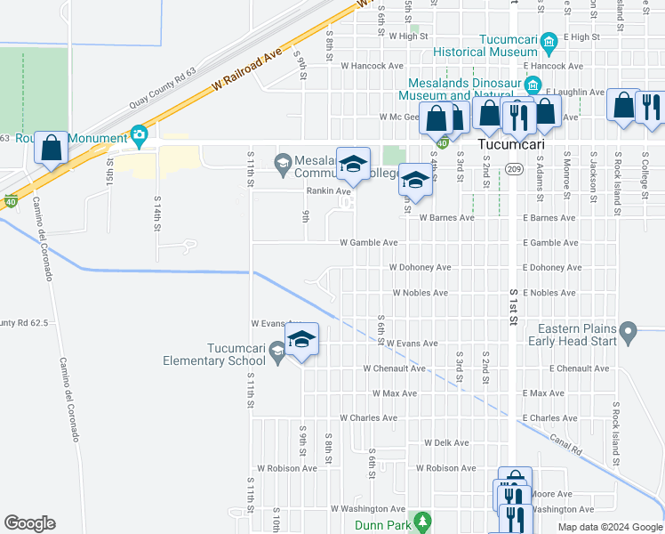 map of restaurants, bars, coffee shops, grocery stores, and more near 1223 South 7th Street in Tucumcari