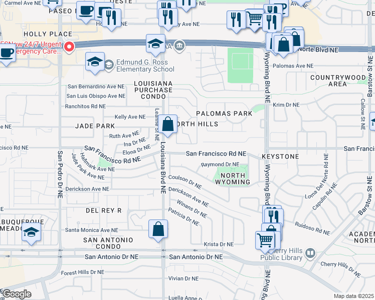 map of restaurants, bars, coffee shops, grocery stores, and more near 7605 Browning Road Northeast in Albuquerque