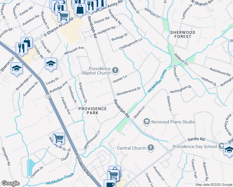 map of restaurants, bars, coffee shops, grocery stores, and more near 5017 Randolph Road in Charlotte