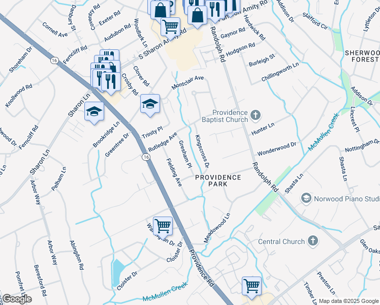 map of restaurants, bars, coffee shops, grocery stores, and more near 3327 Gresham Place in Charlotte