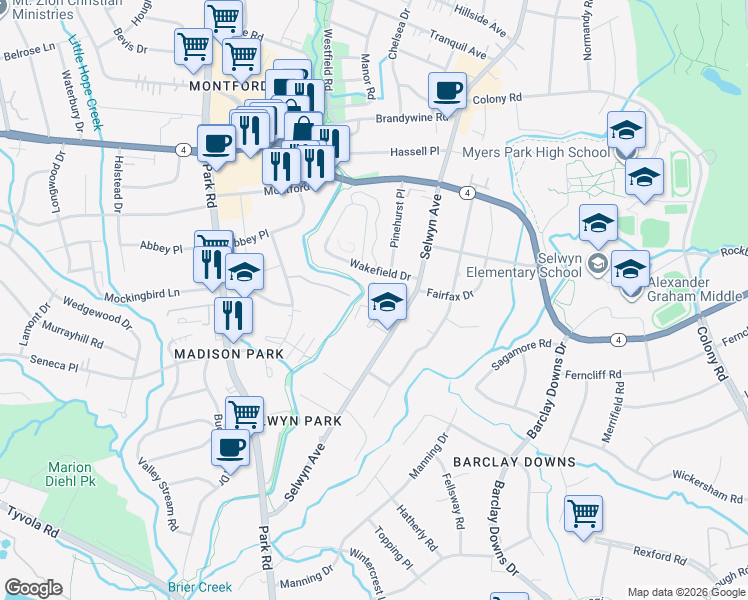 map of restaurants, bars, coffee shops, grocery stores, and more near 219 Wakefield Drive in Charlotte