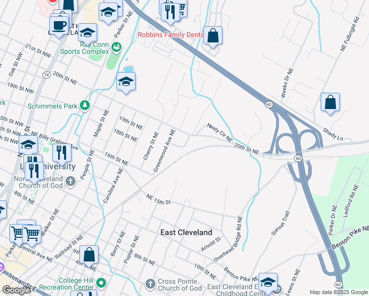 map of restaurants, bars, coffee shops, grocery stores, and more near 1905 Park Street Northeast in Cleveland