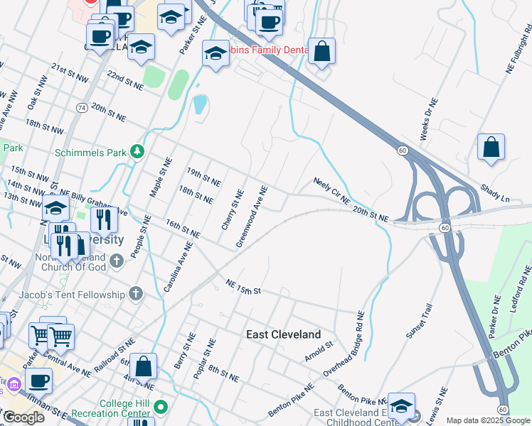 map of restaurants, bars, coffee shops, grocery stores, and more near 1765-1769 Greenwood Avenue Northeast in Cleveland