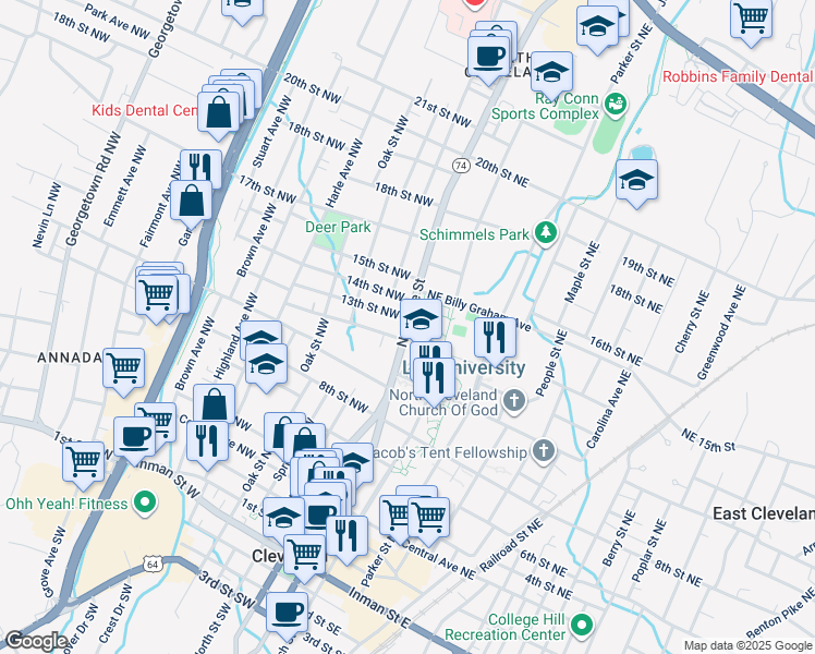 map of restaurants, bars, coffee shops, grocery stores, and more near 1200 North Ocoee Street in Cleveland