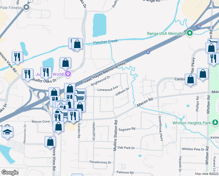 map of restaurants, bars, coffee shops, grocery stores, and more near 1550 Cupwood Cove in Memphis